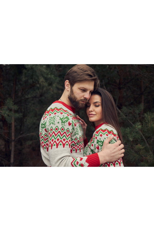 Чоловічий в'язаний різдвяний светр джемпер "Пташечки" Бежево-зелений