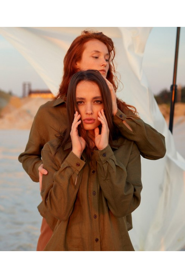 Женская льняная рубашка хаки