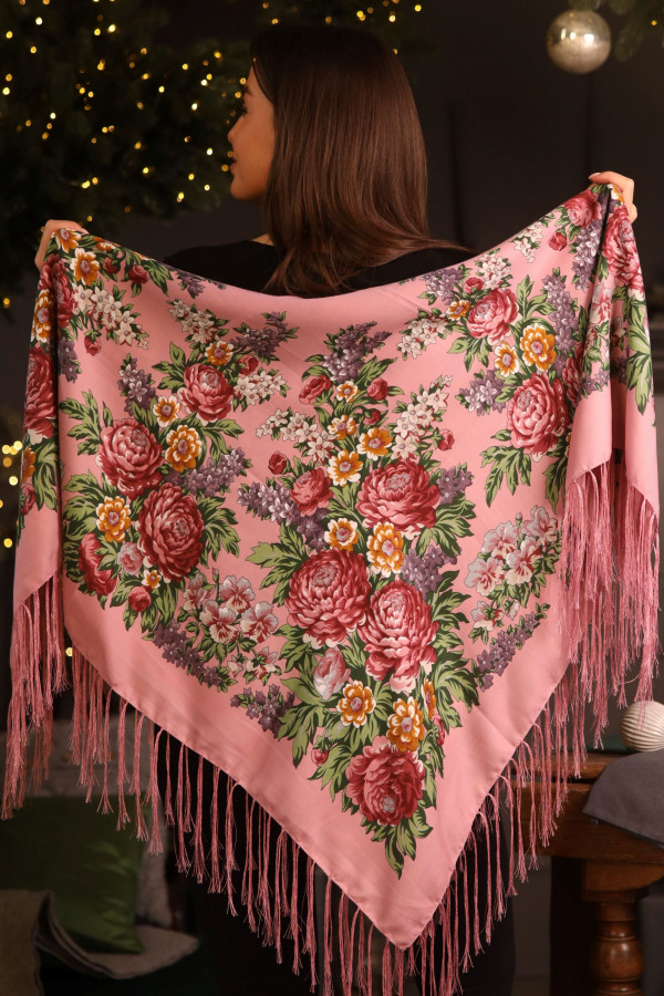 Вишукана жіноча хустина Пудра "Півонії" 80% шерсті