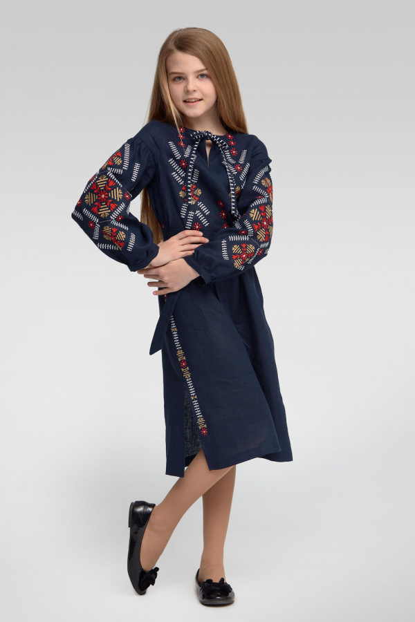 Вишита сукня вишиванка для дівчинки з довгим рукавом Dark blue