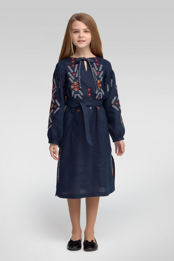 Вишита сукня вишиванка для дівчинки з довгим рукавом Dark blue